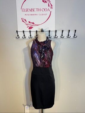 BCBG Maxazria Silk Sleeveless Tie-Neck Sheath Dress in Purple & Black Size Small